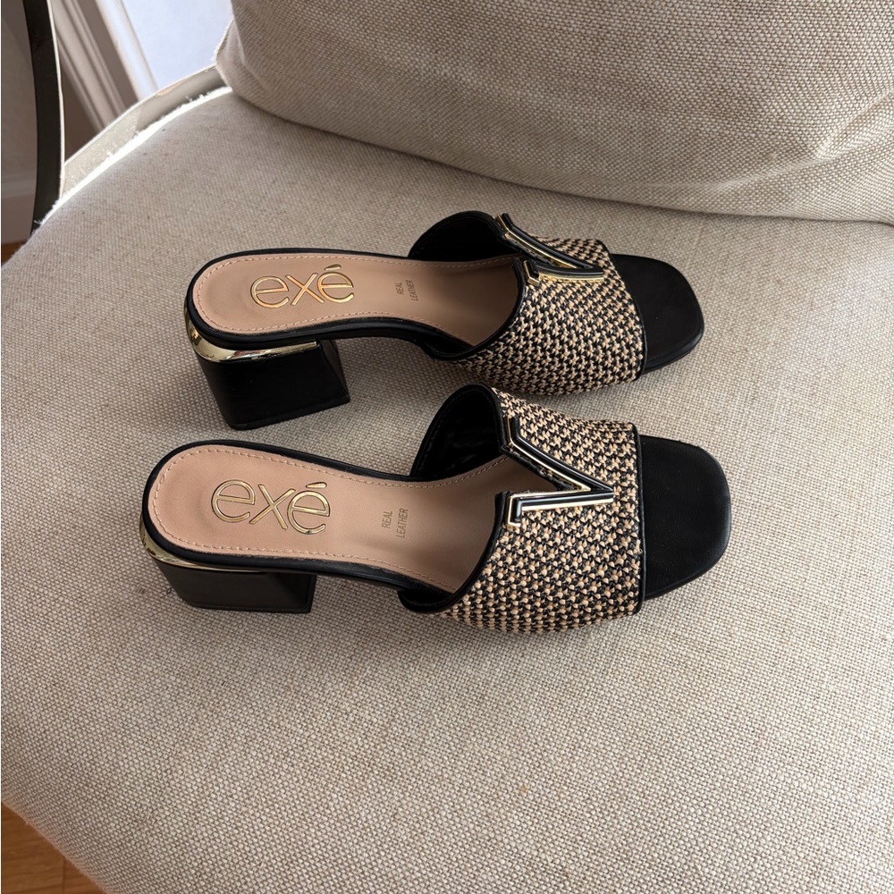 Exé Slide Sandals Leather Designer - women’s size 7 black tan gold - Picture 2 of 7
